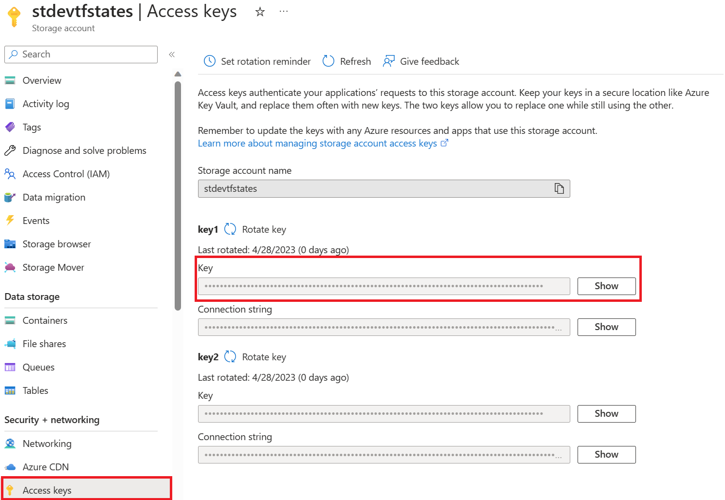 Storage account access keys